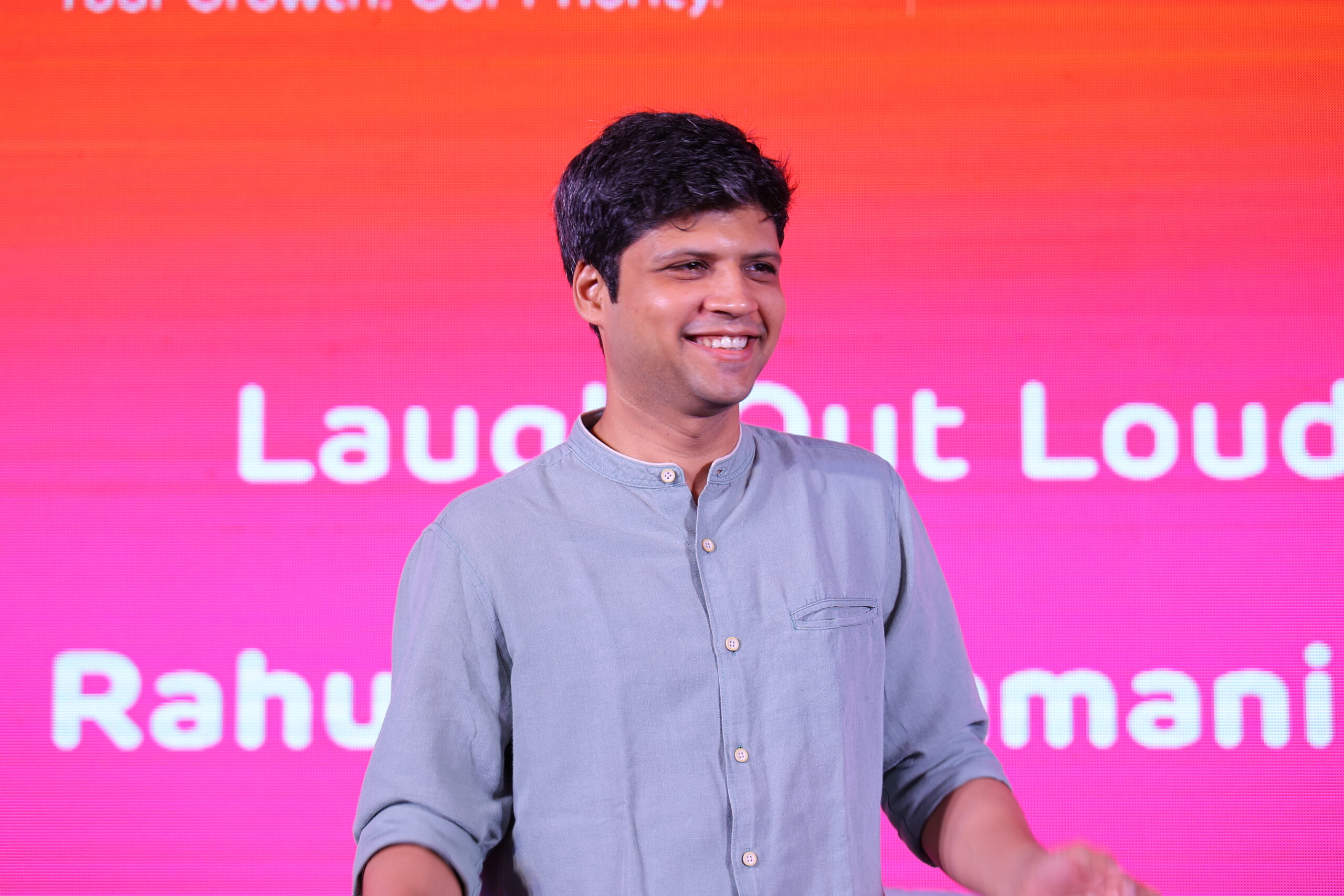 Comedian Rahul Subramanian performing at a corporate event in Chennai