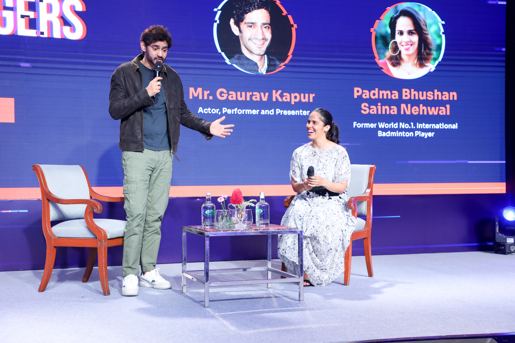 Host Gaurav Kapur and Saina Nehwal as a guest speaker at a corporate event in Mumbai