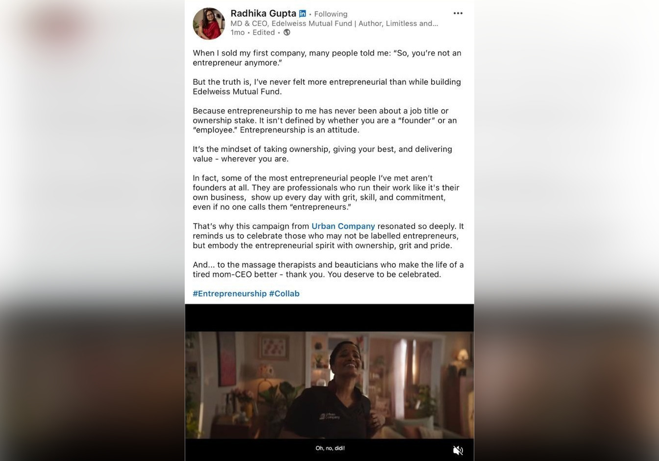 Digital Engagement with Radhika Gupta for Urban Company Digital Engagement with Radhika Gupta for Urban Company