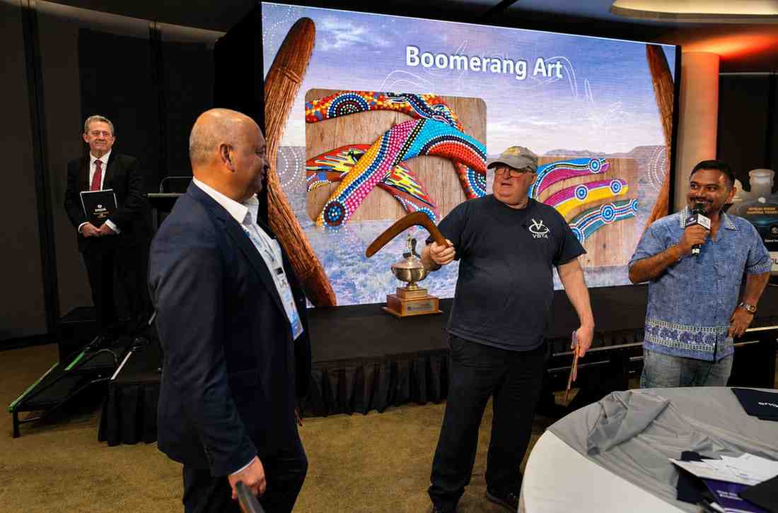 World Champion Robert Croll conducting a boomerang workshop at a corporate conference in Melbourne
