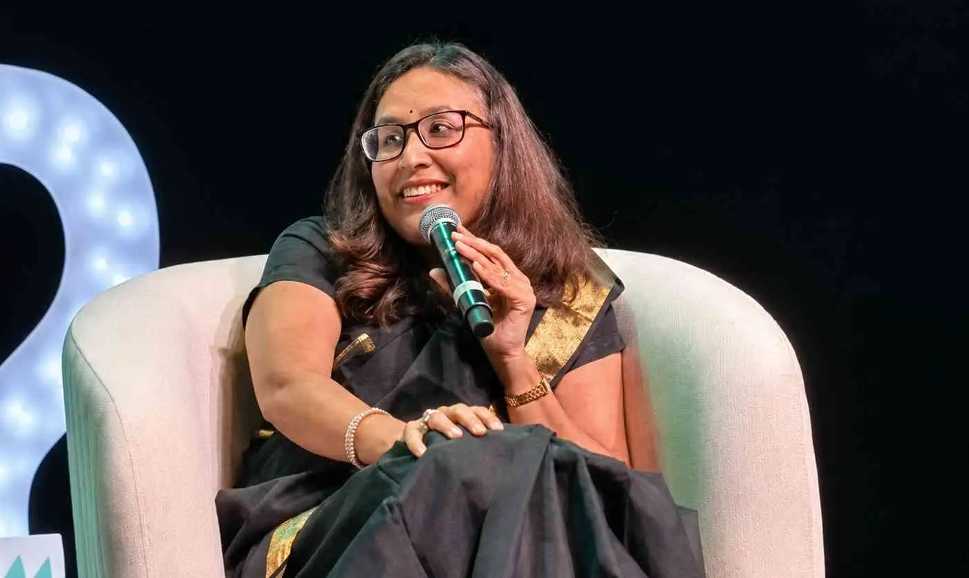 Radhika Gupta as a guest speaker at a corporate event in Hyderabad