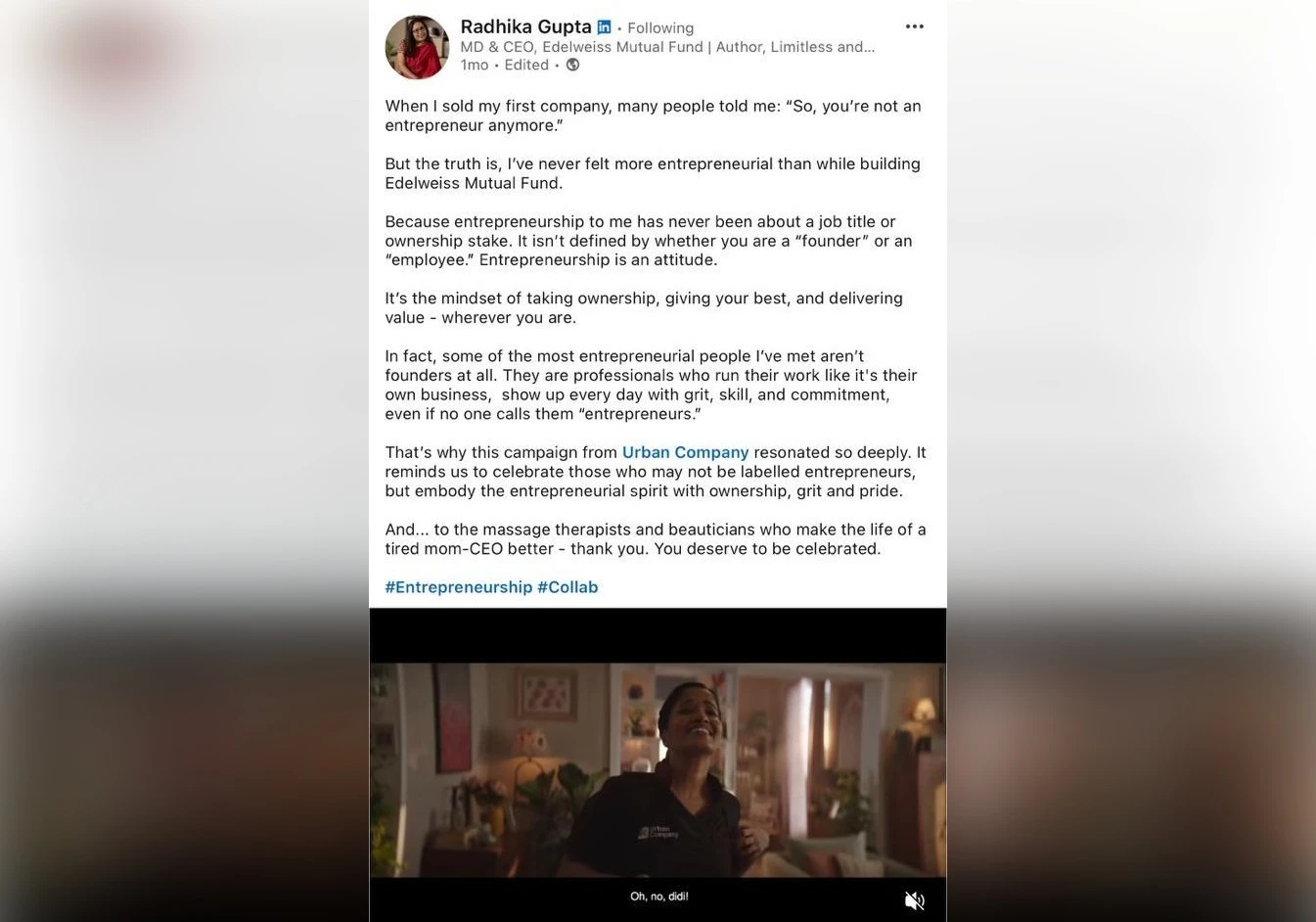 Digital Engagement with Radhika Gupta for Urban Company Digital Engagement with Radhika Gupta for Urban Company